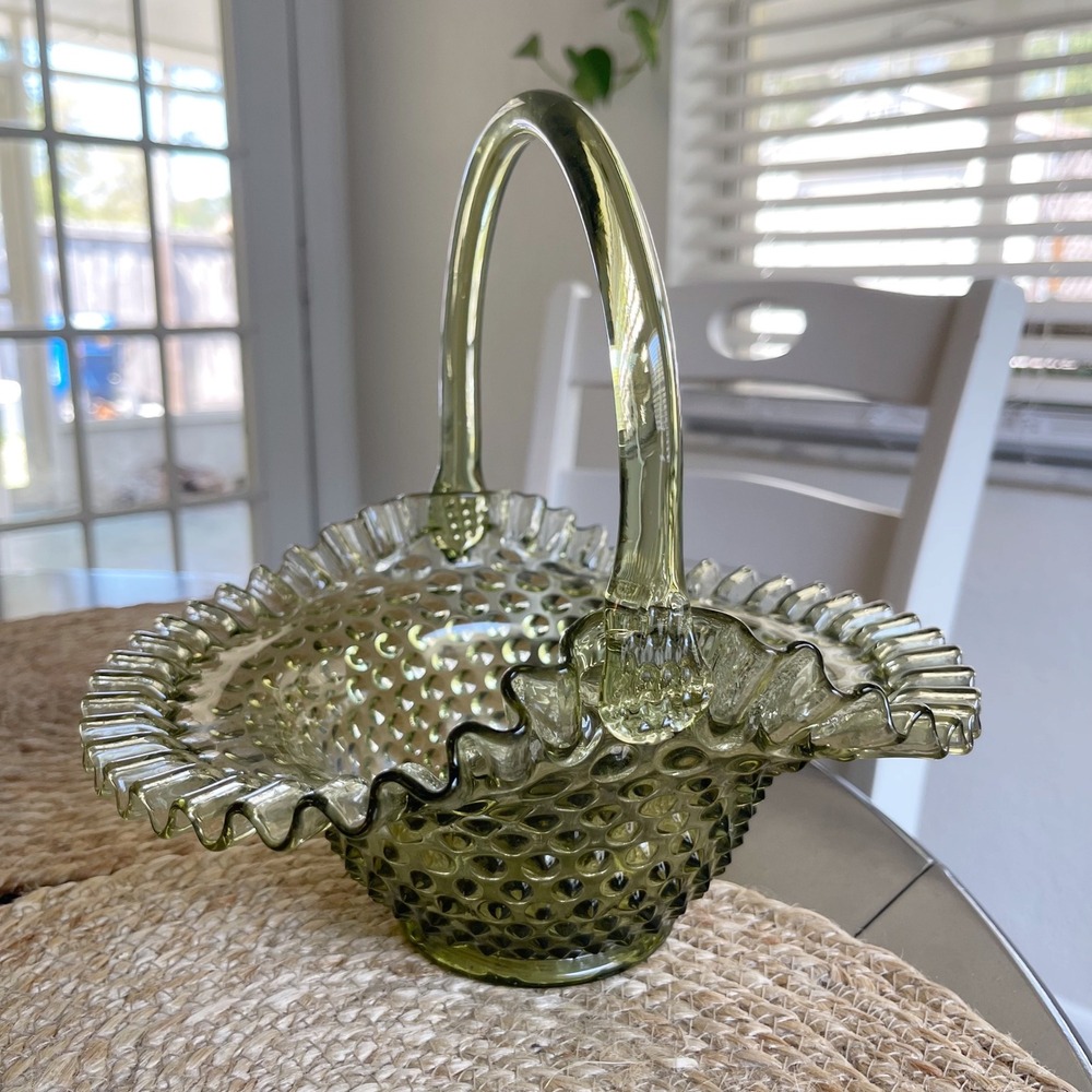 Fenton Vintage Olive Green Hobnail Glass‎ Basket Ruffled Edge Applied Handle MCM